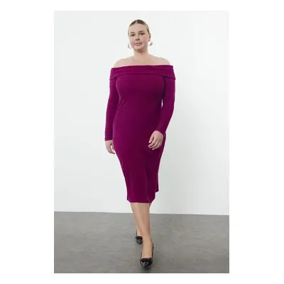 Trendyol Curve Dark Purple Carmen Collar Midi Length Foam Knit Plus Size Dress