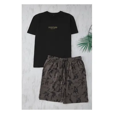 Trendyol Black Regular Fit Printed Shorts Knitted Pajama Set