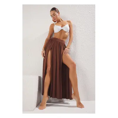 Trendyol Brown Maxi Knitted Slit Beach Skirt