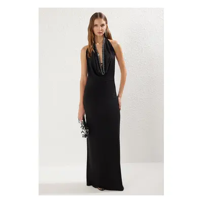 Trendyol Black Cowl Neck Shiny Stone Detailed Knitted Elegant Evening Dress