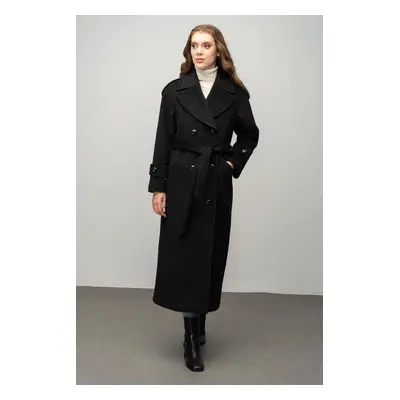 Olcay Epaulette Detailed Double Breasted Long Coat BLACK