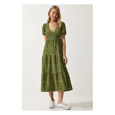 Happiness İstanbul Women's Khaki Wrapover Neck Patterned Summer Knitted Dress