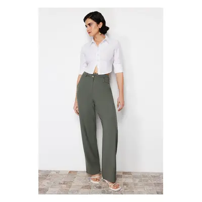 Trendyol Khaki Premium Straight/Straight Fit Asymmetric Waist Detail Woven Trousers