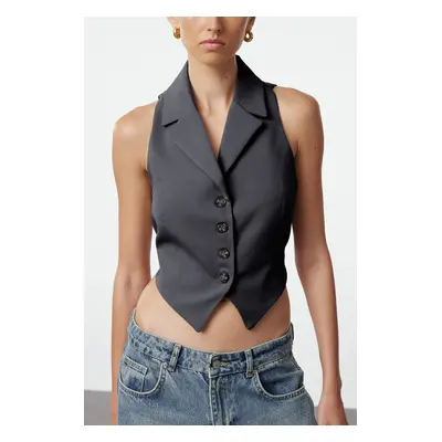 Trendyol Anthracite Fitted Button Detailed Crop Woven Vest