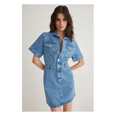 Trendyol Blue Pocket Detailed Short Sleeve Mini Denim Shirt Dress