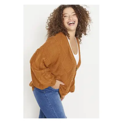 Trendyol Curve Tan Hair Braid Detailed V-Neck Buttoned Knitwear Cardigan