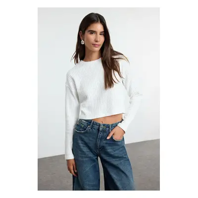 Trendyol Ecru Knitwear Look Crew Neck Relaxed Crop Knitted Blouse