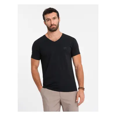 Ombre Men's V-neck SLIM FIT T-shirt with elastane and print - black