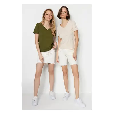 Trendyol Khaki-Beige 100% Cotton 2-Pack Basic V-Neck Knitted T-Shirt