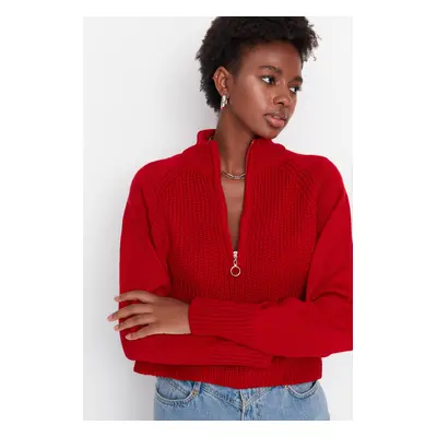 Trendyol Red Crop Zippered Stand Collar Basic Knitwear Sweater