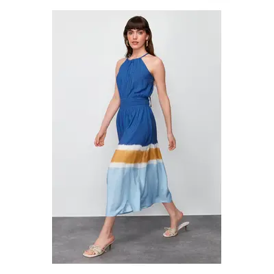 Trendyol Ecru-Blue A-Line Viscose Maxi Woven Dress with Gipe Detail at Waist