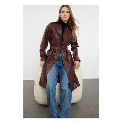 Trendyol Claret Red Faux Leather Regular Trench Coat