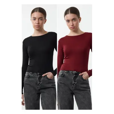 Trendyol Black-Burgundy Double Pack Viscose/Soft Fabric Crop Fitted/Fits Body Knitted Blouse