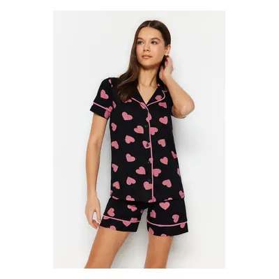 Trendyol Multicolored 100% Cotton Heart Patterned Piping Detailed Shirt-Shorts Knitted Pajama Se