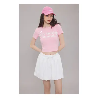 Trendyol Pink Fitted/Fits the Body Slogan Printed Bowknot Soft Touch Knitted T-Shirt