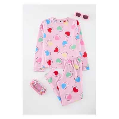 Trendyol Pink Girl Heart Printed Pajama Set Knitted Top-Bottom Set