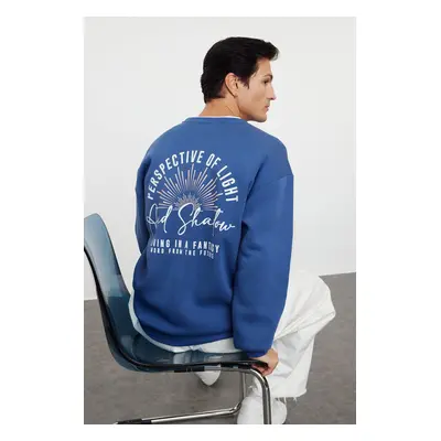 Trendyol Indigo Oversize/Wide Cut Back Printed Fleece/Warm Sweatshirt