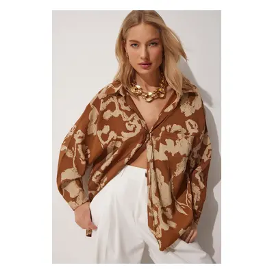 Happiness İstanbul Women's Brown Patterned Oversize Cotton Satin Shirt