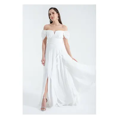 Lafaba Women's White Open Shoulder Slit Detailed Tulle Evening Dress