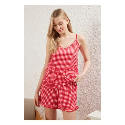 Trendyol Red Heart and Ruffle Detail Plaid Shorts Woven Pajama Set