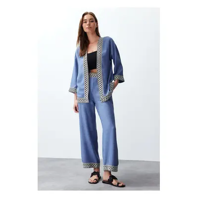 Trendyol Indigo Vyšívané Kimono Kalhoty Tkaný Spodní-Horní Set