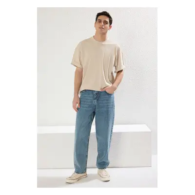 Trendyol stone Oversize/Wide Cut Textured Basic 100% Cotton T-Shirt