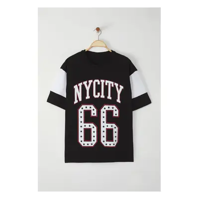 Trendyol Black College Oversize/Wide Cut 100% Cotton Printed T-shirt