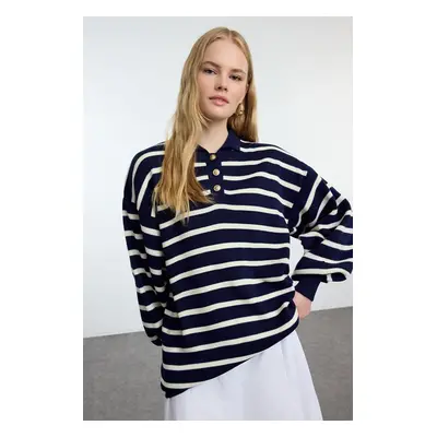 Trendyol Navy Blue Striped Balloon Sleeve Polo Neck Knitwear Sweater