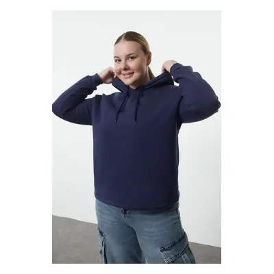 Trendyol Curve Navy Blue Regular Fit Hooded Polar Fleece Inside Knitted Plus Size Sweatshirt