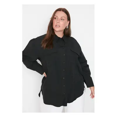 Trendyol Curve Black Cotton Long Sleeve Double Pocket Poplin Woven Plus Size Shirt with Slit in 