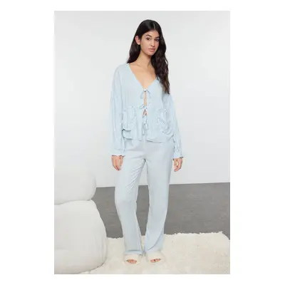 Trendyol Light Blue Striped Ribbon/Bow/Tie Detail Viscose Woven Pajama Set