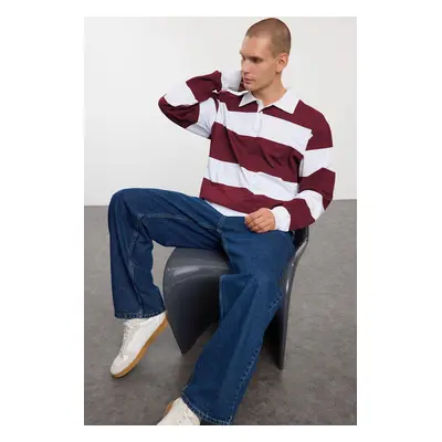 Trendyol Claret Red Oversize/Wide Cut Striped Polo Neck Sweatshirt