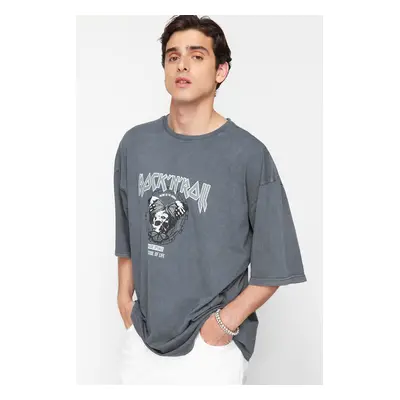 Trendyol Grey Oversize/Wide Cut Antique/Faded Effect Rock Print 100% Cotton T-Shirt