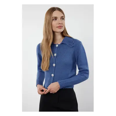 Trendyol Blue Crop Soft Textured Jewel Buttoned Knitwear Cardigan