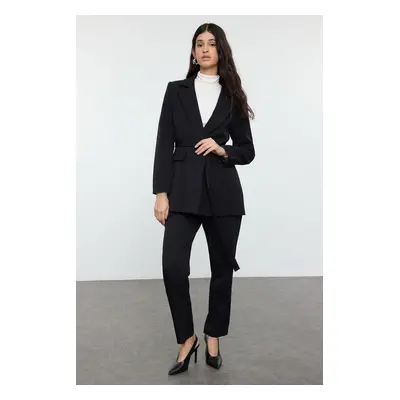 Trendyol Black Tie Detail Lined Crepe Jacket-Pants Woven Bottom-Top Set