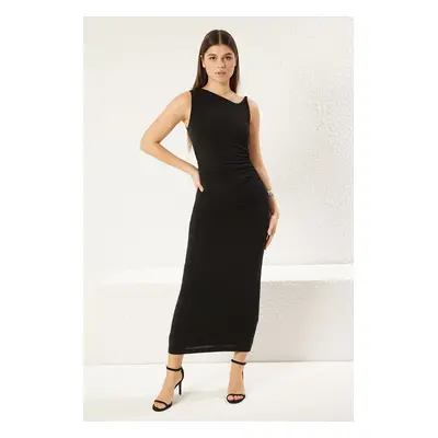 Trendyol Black Plain Gather / Drape Midi Fitted Gather Drape Detail Stretchy Knit Dress