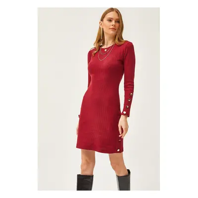 Olalook Women's Burgundy Cuff and Skirt Button Detailed Raised Mini Dress