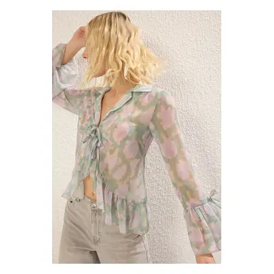 Trendyol Multi-Colored Front Body and Sleeve Ruffle Detail Tied Woven Shirt