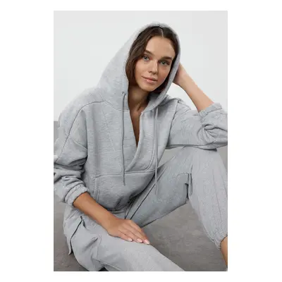 Trendyol Grey Melange Oversize/Wide Pattern Thick Polar Fleece Hooded V Neck Knitted Sweatshirt