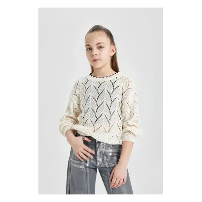 DEFACTO Girl's Crew Neck Openwork Knitted Sweater