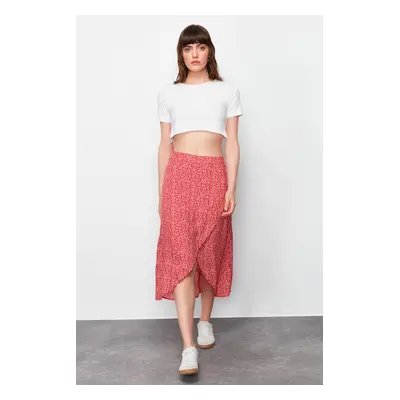 Trendyol Red Slit Floral Patterned Midi Woven Skirt