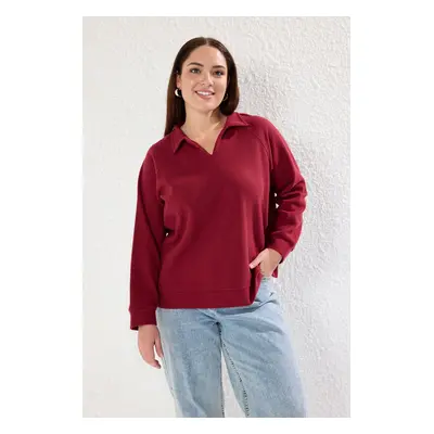 Trendyol Curve Burgundy Oversize/Wide Fit Thessaloniki Polo Neck Knitted Plus Size Sweatshirt