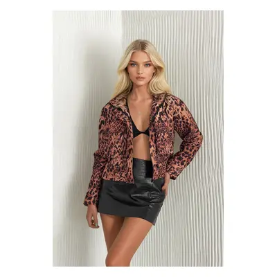 Trend Alaçatı Stili Women's Leopard Leopard Patterned Double Pocket Elastic Waist Lined Jacket