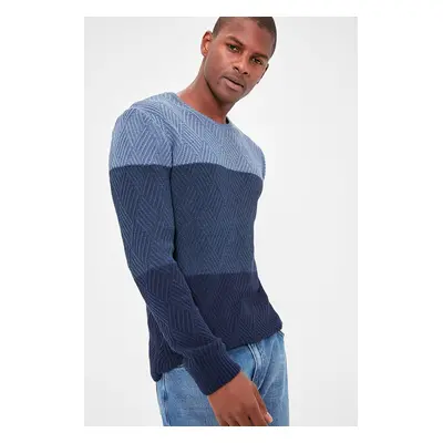 Trendyol Indigo Regular Crew Neck Color Block Knit Sweater