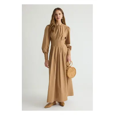 Trendyol Camel 100% Cotton Pleated Woven Dress