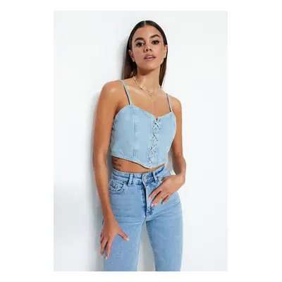 Trendyol Blue Bird Eye Tie Detail Sweetheart Neck Fitted Crop Denim Bustier