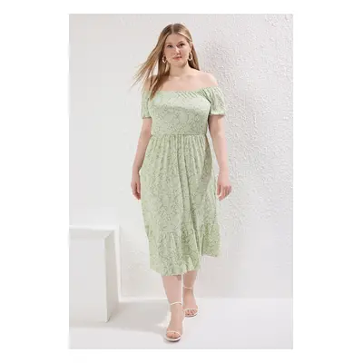 Trendyol Curve Light Green Shawl Ethnic Patterned A-line Maxi Length Knitted Plus Size Dress