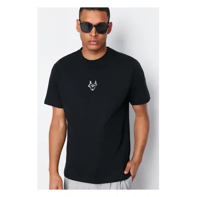 Trendyol Black Regular Cut Wolf Embroidered 100% Cotton T-Shirt