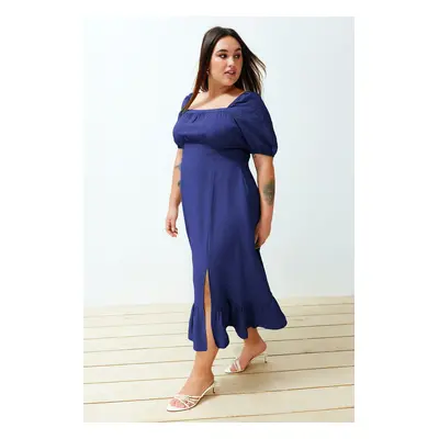 Trendyol Curve Indigo Crew Neck Ruffled Woven Dress