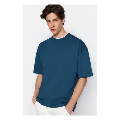 Trendyol Petrol Oversize/Wide Cut Short Sleeve Contrast Piece Detail Cotton T-Shirt